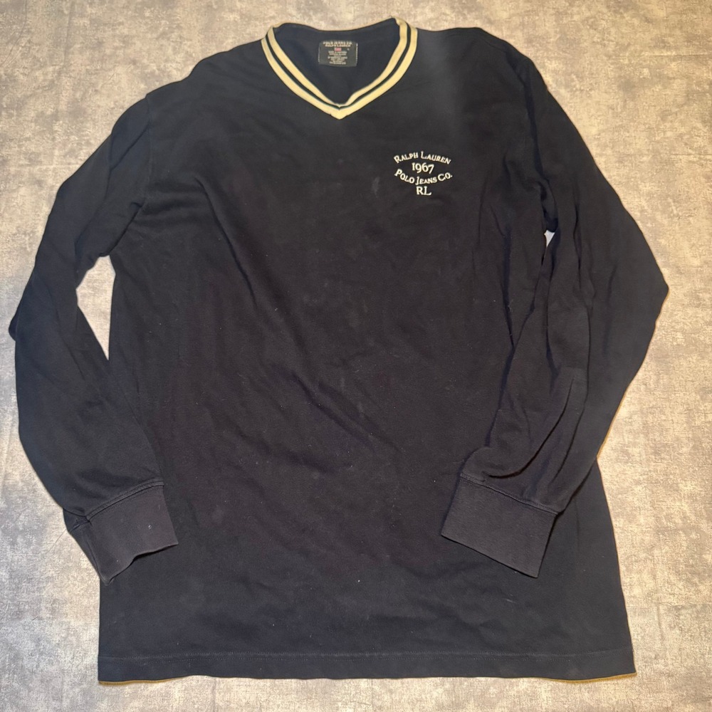 Ralph Lauren Polo Jeans Co Long Sleeve V-Neck Shirt Navy Blue Large 1967 Graphic